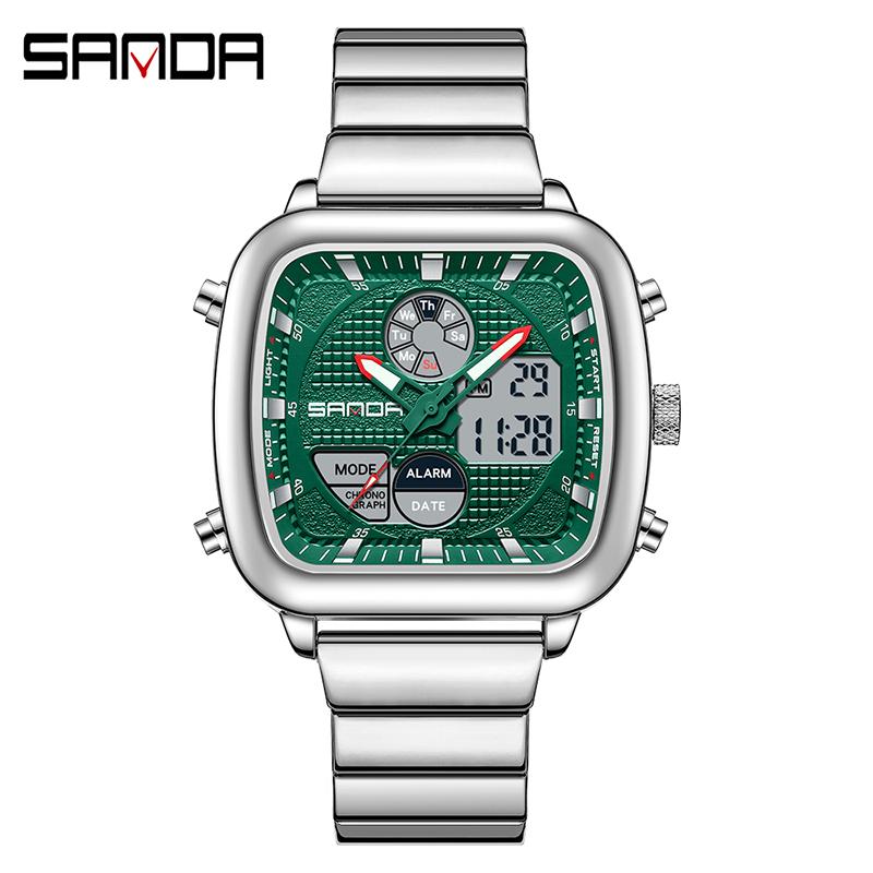 SANDA 9101 Fashion Men's Dual Movement Watch Square Dial with Steel Strap Multifunction Waterproof Casual Male Wristwatch Gift