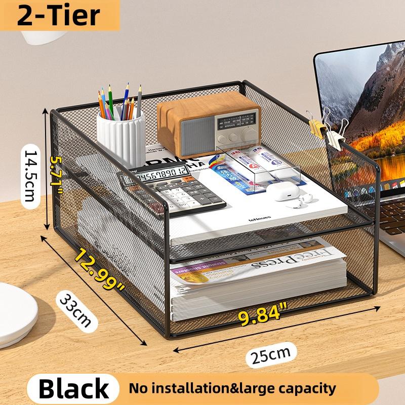 Kontorsfilorganisatör Kapacitet Metallnät Skrivbordsorganisatör med Trevåningsdesign Multifunktionell filhållare Pappersförvaringsställ