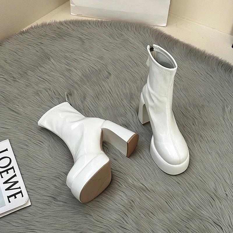 

Платформа Высокий каблук Женские ботильоны Модные элегантные туфли с молнией сзади Осень Зима Женские современные короткие ботильоны 35