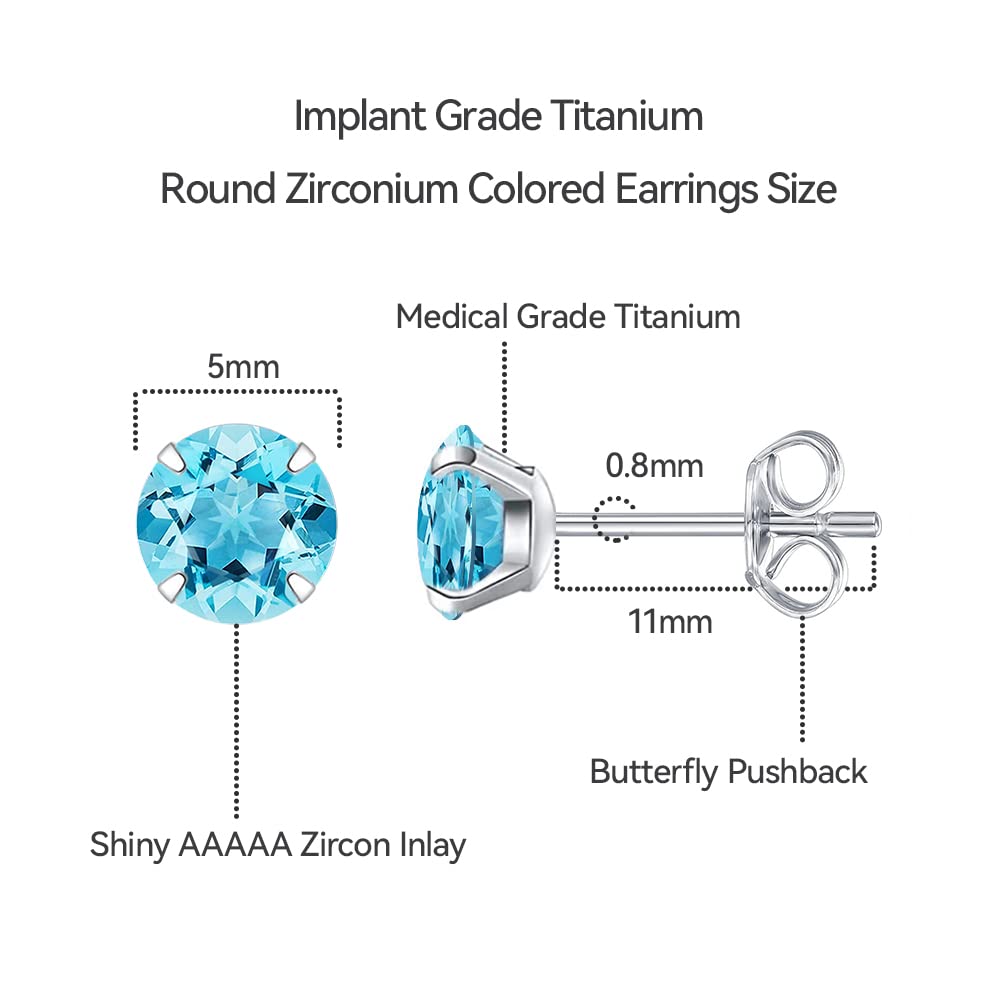 Limerencia Titanium Pure Titanium for Medical Second For Sensitive 1 Pair Piercings, Use, Hypoallergenic, Piercing, Ears, Unisex, (5mm, Aquamarine)