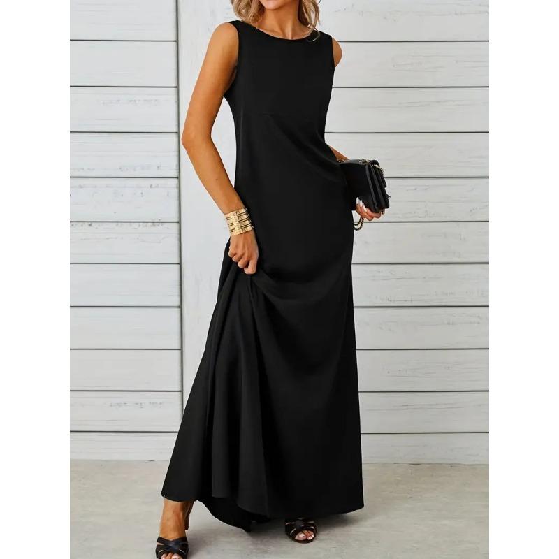 

Spring and Summer Elegant and Pure-colored Round-neck Short-sleeved Resort-style Women s Dresses XS чорний