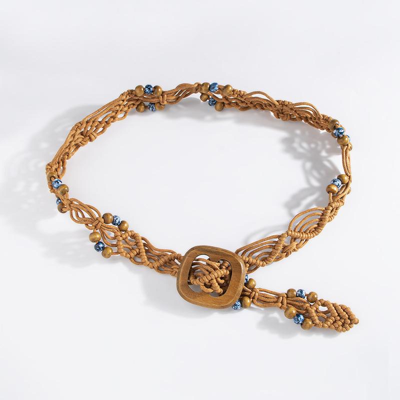 Bohemian Wax Rope Woven Ethnic Style Handcrafted Wooden Bead Women's Waist Belt, Casual Vacation Style Exquisite Square Wood Buckle Waist Rope