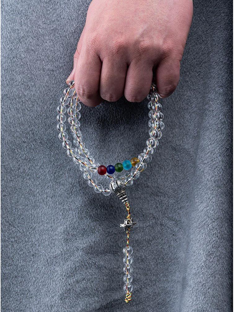 8-12mm White Crystal Buddhist Beads with Glass Rosary & Vajra Accessories.