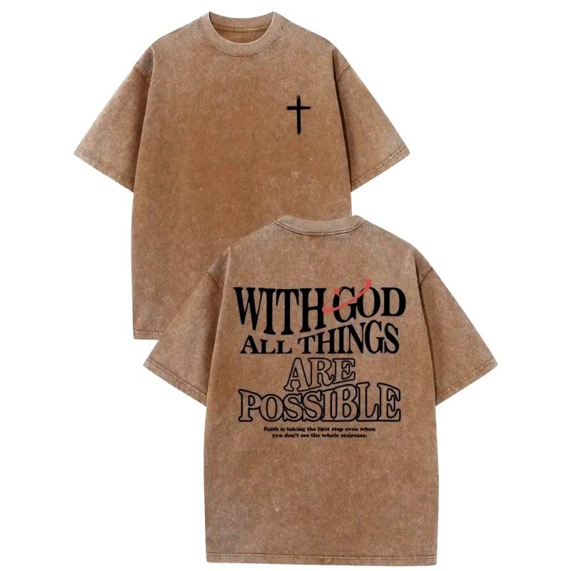 

European Size Men S Retro-Style T-Shirt Featuring The Phrase With God All Things Are Possible , Perfect for Casual Summer Wear, Black Color S золотой