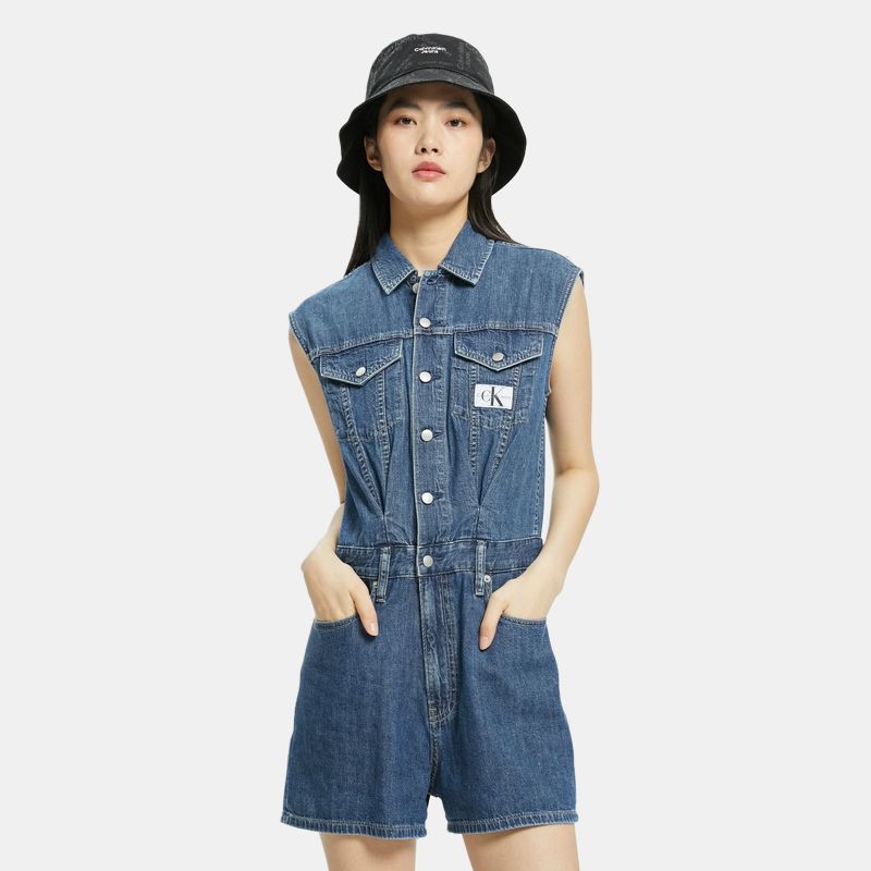 Calvin Klein Solid Color Cotton Jumpsuit Women Jumpsuits Blue J218721