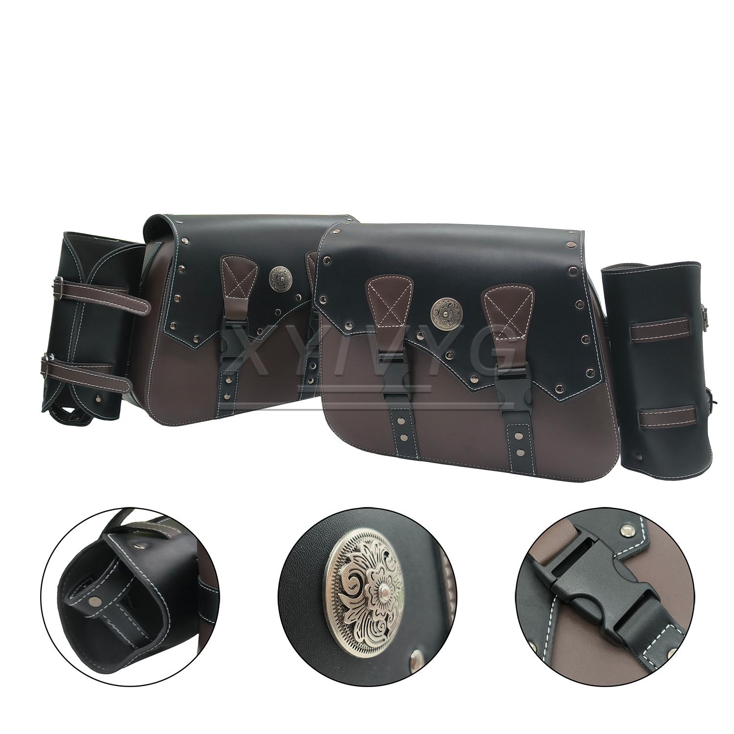 

PU Leather Motorcycle Saddlebags Large Capacity Side Saddle Bags Waterproof Tool Bag with Cup Holder Punk Vintage for Motorcycle чёрный/коричневый
