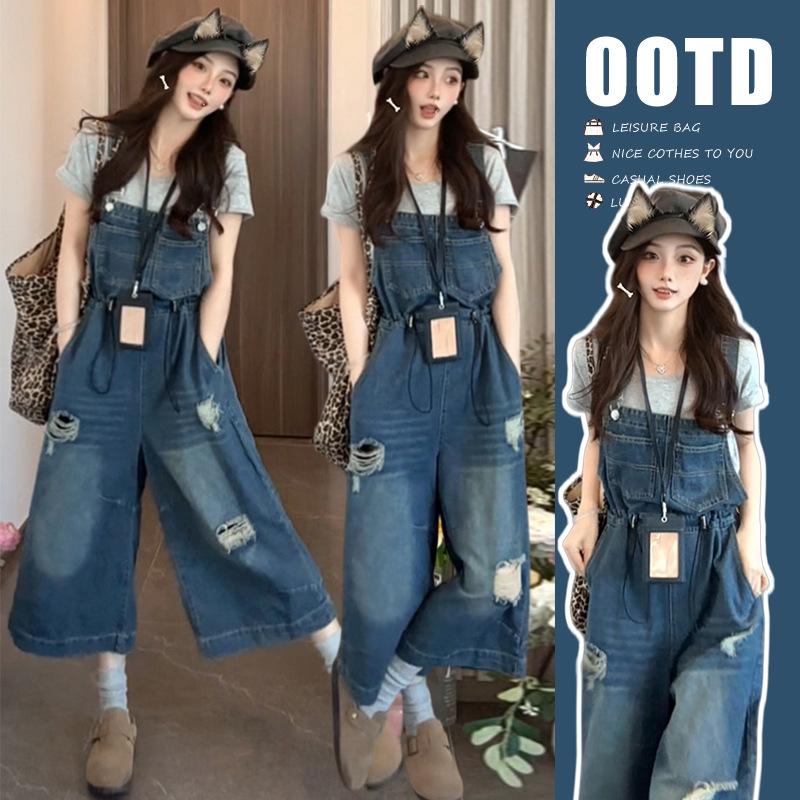 2026 Summer Maternity Denim Overalls & Gray Short-Sleeve Top Set M