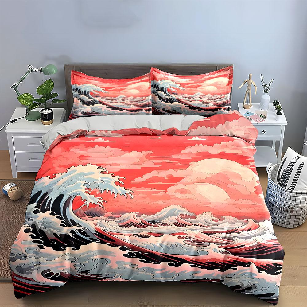 "Crimson Oceanic Dreamscape." Bedding Sets Duvet Covers Pillowcases(1* Duvet Cover 2* Pillowcases Without Duvet Insert)