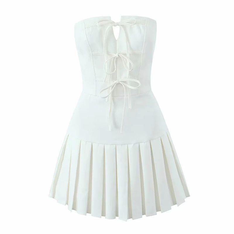 

Spring New Women s Clothing American Style Pure Desire Style Chest Wrap Bows Shoelace Pleated Tube Top A- line Short Dress raw white L