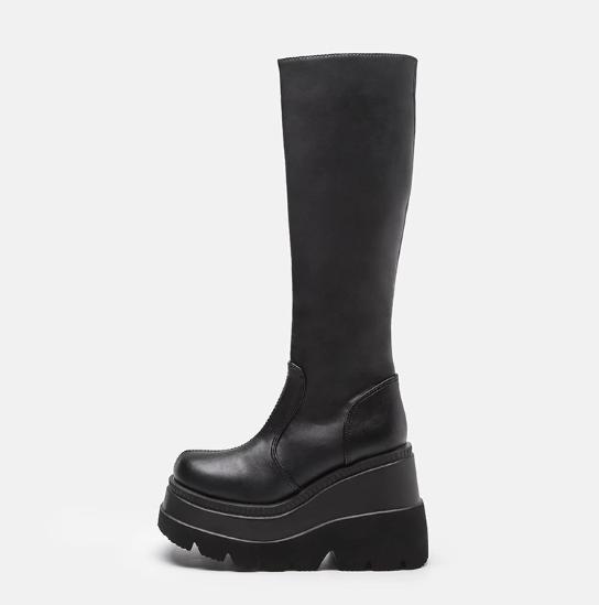 Fashion Wedge heel small tube thick bottom long boots motorcycle rider boots not above the knee big head slim high boots