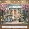2D Florist Shop Backdrop, Blue Bicycle and Cherry Blossoms Party Photo Booth Banner