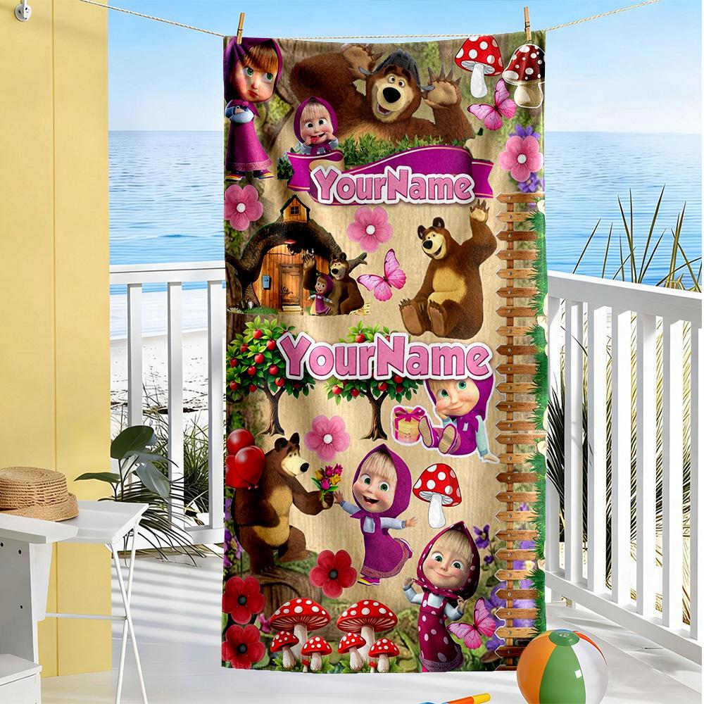 Masha Bear Customize Your Name Beach Towel Super Soft Microfiber Quickdry Fabric Perfect for Traveling Yoga Camping and Swimming