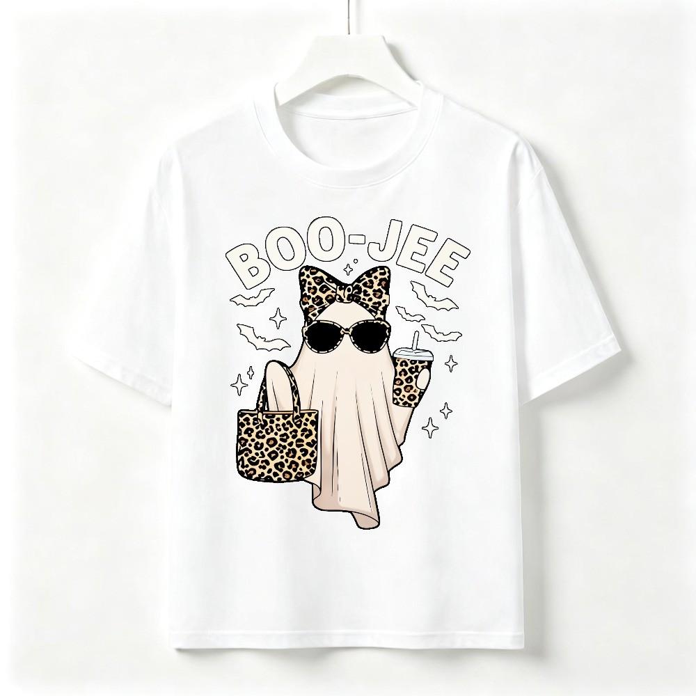 Boo-Jee Ghost Halloween Graphic T-Shirt Leopard Bow Unisex Party Costume Tee
