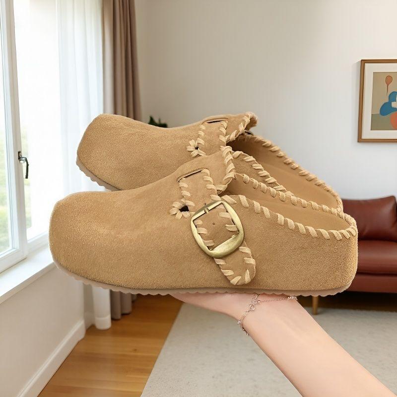 Cowhide version Korean inner heightening platform half slippers women's 2025 autumn round head retro casual lazy boken shoes