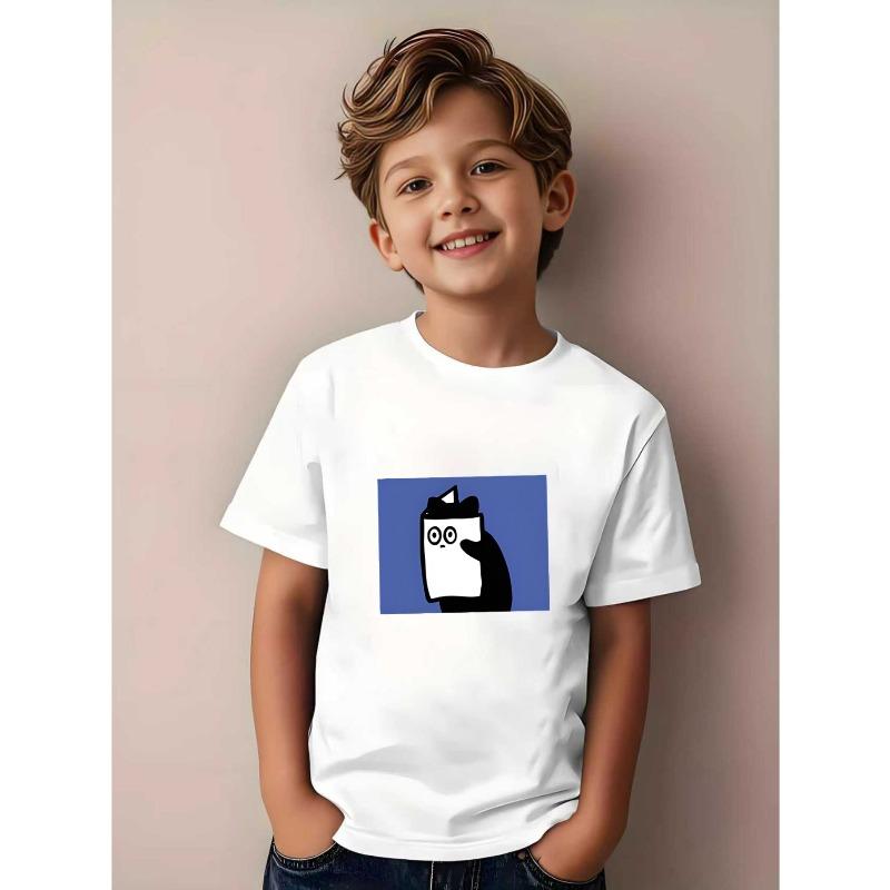 

European sizes Black and Blue Pattern T-Shirt - Simple Casual Daily Top, Breathable Comfort Fabric, Cartoon Print Round Neck Short Sleeve 98cm белый