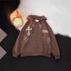 Unisex Hooded Zip-Up Sweatshirt With Cross Flock Embroidery Oversized Warm Fleece Lined Pullover Winter Casual Wear