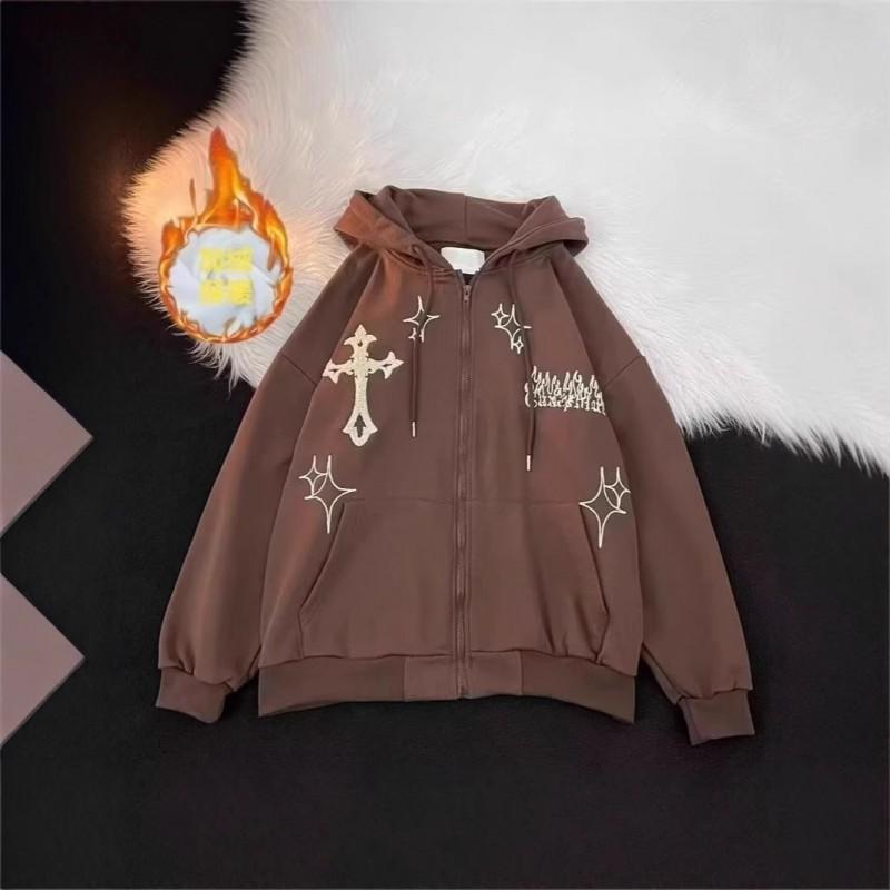 Unisex Hooded Zip-Up Sweatshirt With Cross Flock Embroidery Oversized Warm Fleece Lined Pullover Winter Casual Wear