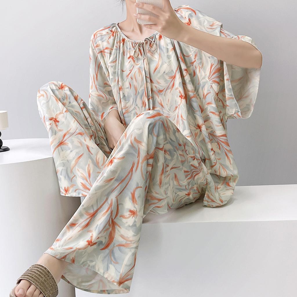 1011 new short-sleeved cotton and silk pajamas for women's summer thin printing loose and relaxed loungewear suit