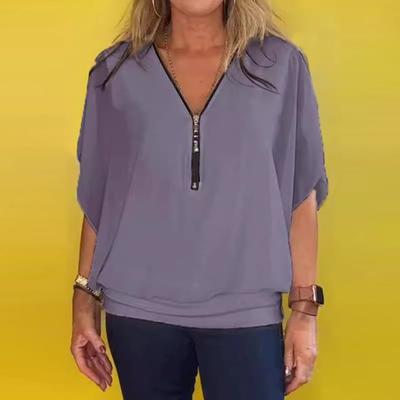 Women Chiffon Blouse V-neck Zipper Half Placket Batwing Sleeves Pullover Tops Solid Color Loose Fit Casual Tops