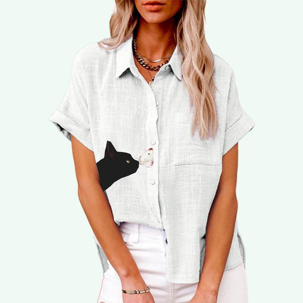 Sommer- und Herbstmodisches Revers-Oberteil für Damen mit Katzen-Print, kurzärmeliges T-Shirt, lässige Leinenblusen mit Tasche