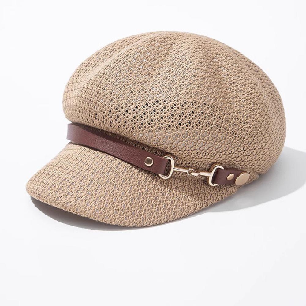 

Versatile Hollow Octagonal Beret Hat Leather Buckle Spring Summer Beach Straw Hat Breathable Painter Hat Sunshade Cap хаки