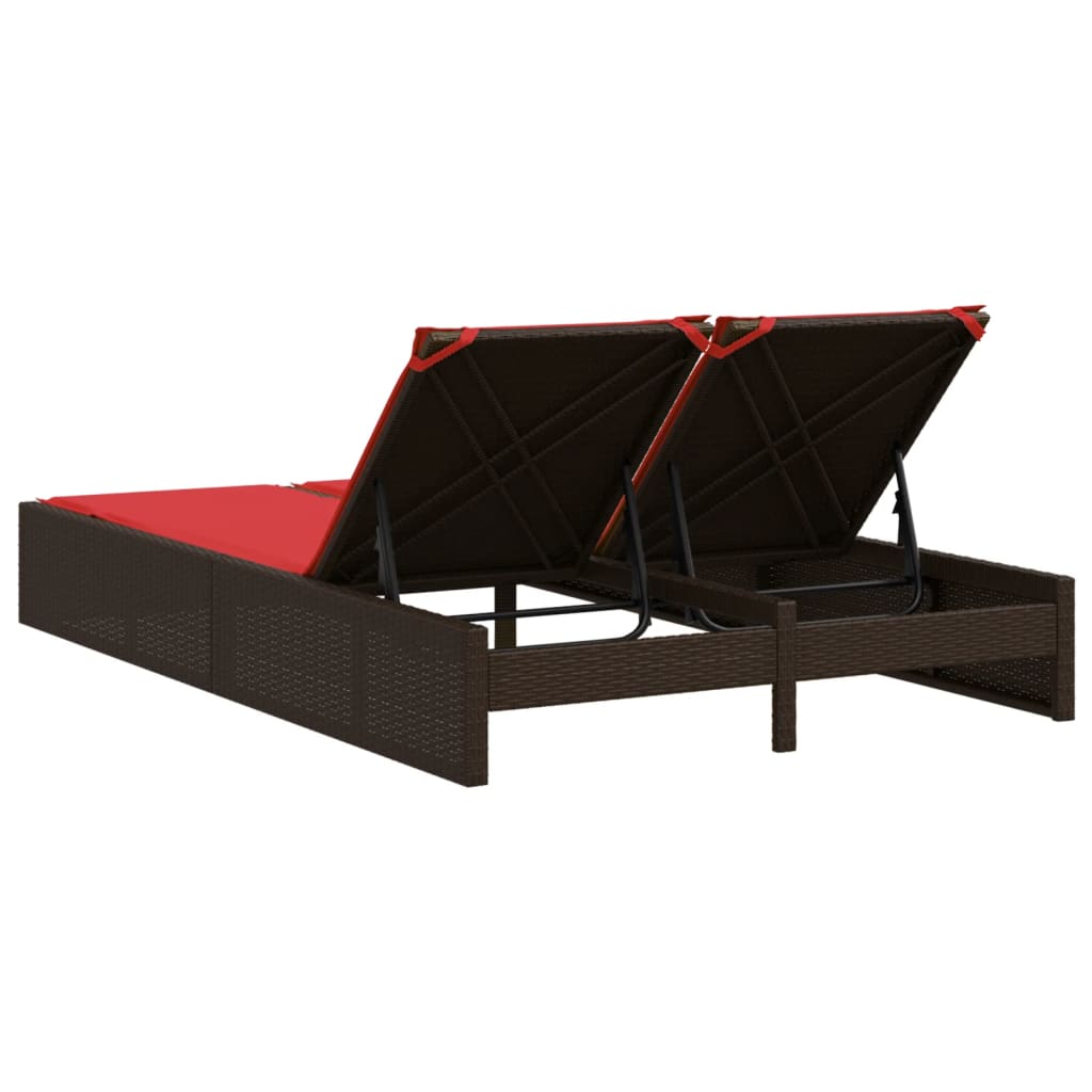 Double Sun Lounger with Cushions Brown Poly Rattan