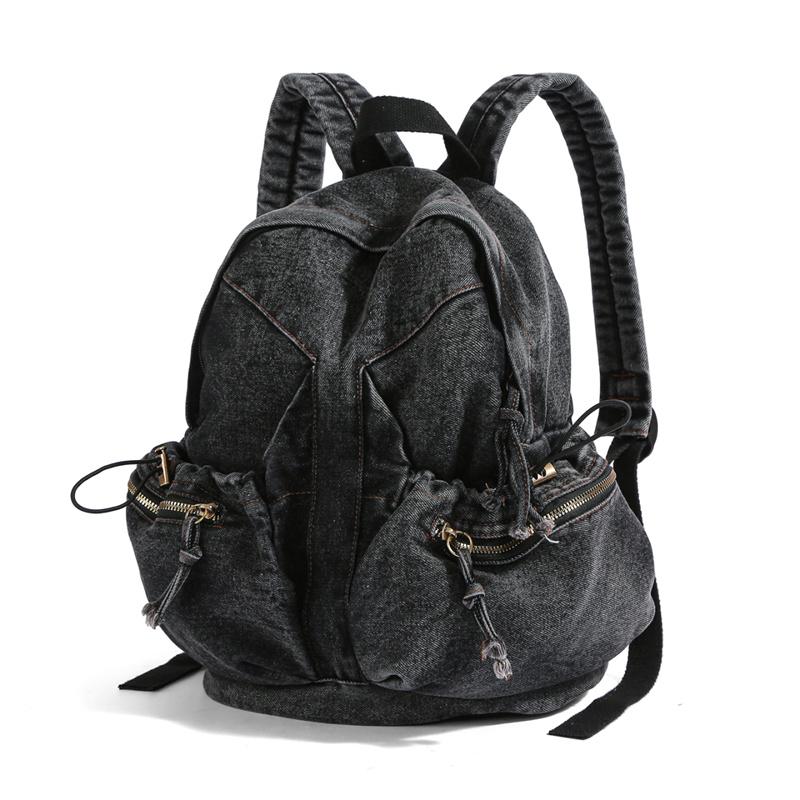 Denim Backpack Women's Fashionable Casual School Bag Trendy Rucksack with Drawstring Pockets
