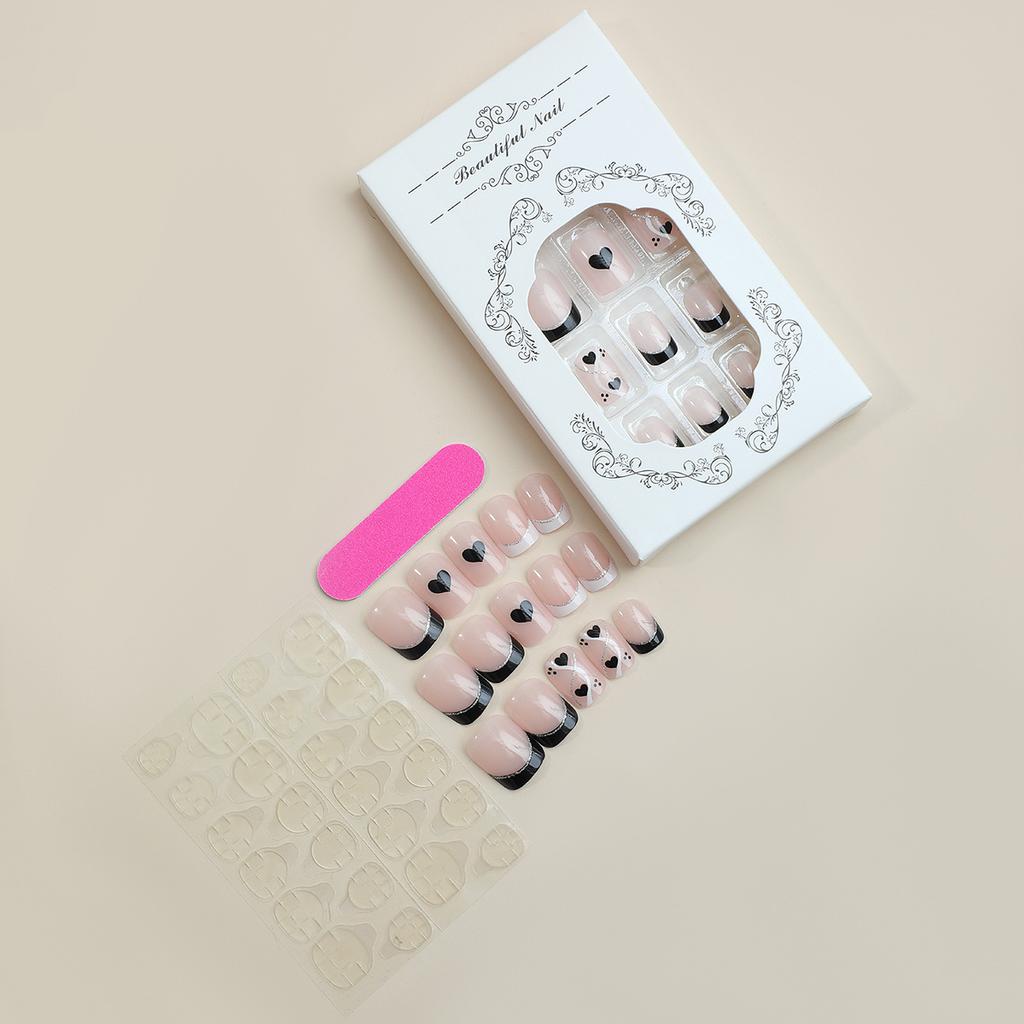 Wearable Valentine's Day Style Short Square Fake Nail Patch Nail Black Heartshaped Wearable Nail Fashionable Nail Art Nail Plate