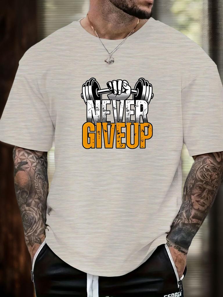 Gym Tshirt 2025 Summer Essential Mens Comfy Everyday Trendy Never Give Up Barbell Print 100 Cotton Short Sleeve Casual Top