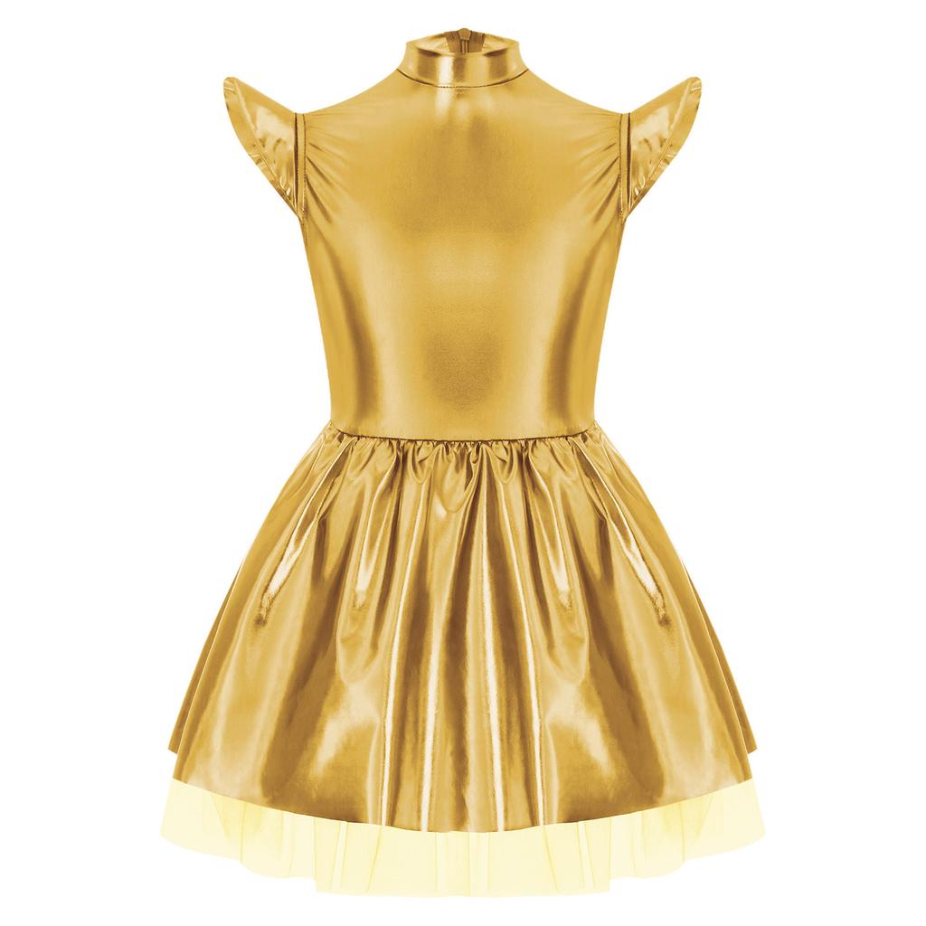 Girls Iridescent Alien Dress Up Costume Mock Neck Flying Sleeves Tutu Dress Theme Party Stage Performance