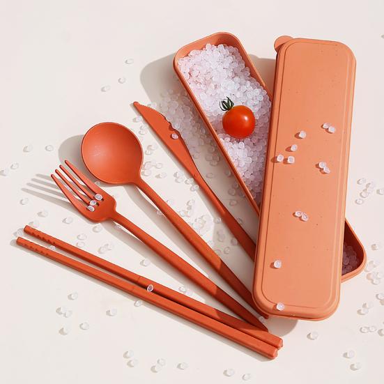 4Pcs/Set Reusable Portable Plastic Cutlery Set with Storage Box Students Spoon Fork Cutter Chopsticks Tableware Set