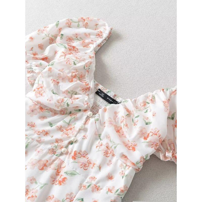 Kaslead New Arrival Women's Clothing Fashion Style French Style Slim-Fitting Simple Pastoral Style Print Short Sleeve Long Dress