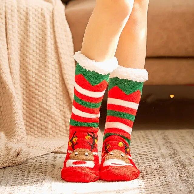 Winter Warm Socks Women Plush Soft Female Non Grip Floor Slippers Short Sock Fuzzy Fluffy Deer Elk Bear Christmas Gift