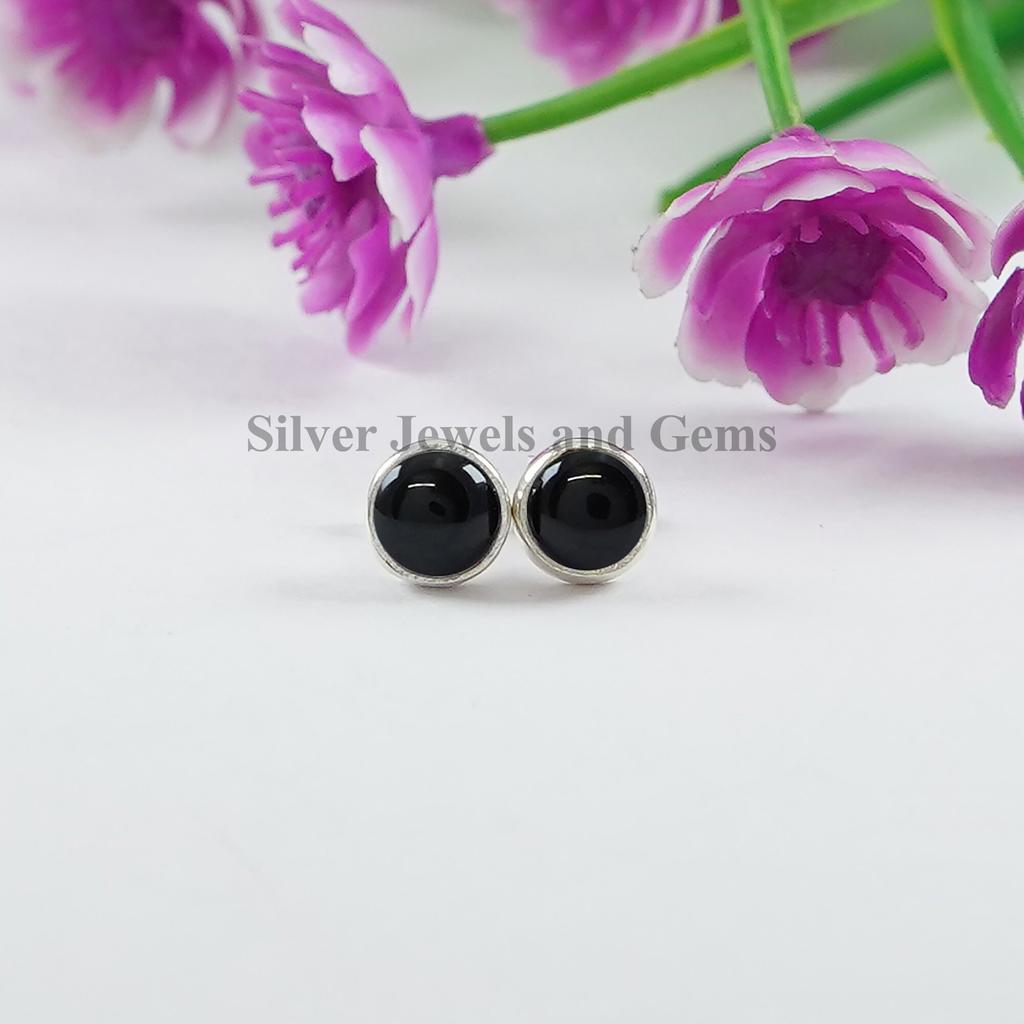 Round Black Onyx Stud Earrings, 925 Sterling Silver Studs, Tiny Onyx Studs, Anniversary Gift, December Birthstone, Handmade Studs
