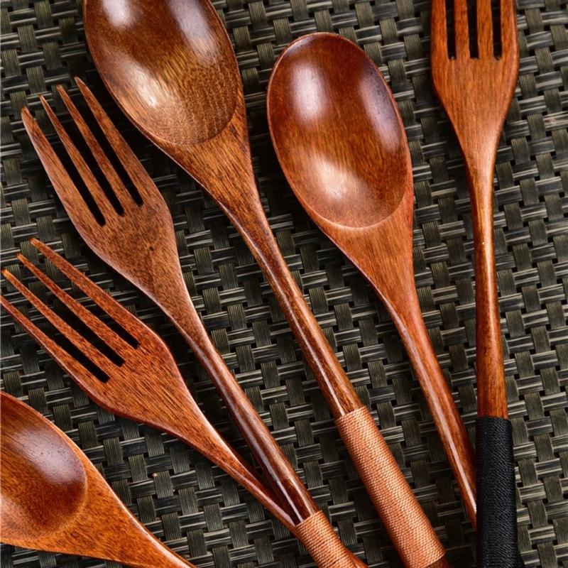 Japanese Style Long Handle Wooden Spoon And Fork Kitchenwares Set Portable Durable Utensils For Soup Serving Cooking Tool