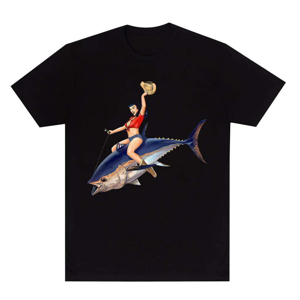 Y2k Summer Marine Fish Handpainted Salmon Sea Fish Fishing Beach Fishing Pure Cotton Printed Loose Shortsleeved Tshirt