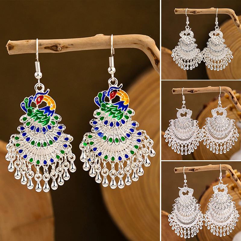1Pair Peacock Earrings For Women Ethnic Earrings Pendientes Boho Bell Tassel Vintage Broncos Jewelry