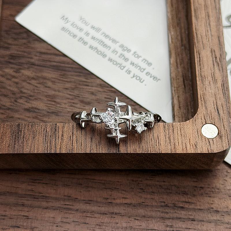 Pink Diamond Zircon Purple Flower Star Opening Ring, Diamond-Set Light Luxury Niche Design, High-End Sense Stacking, Wearing Personalized Rings, Women