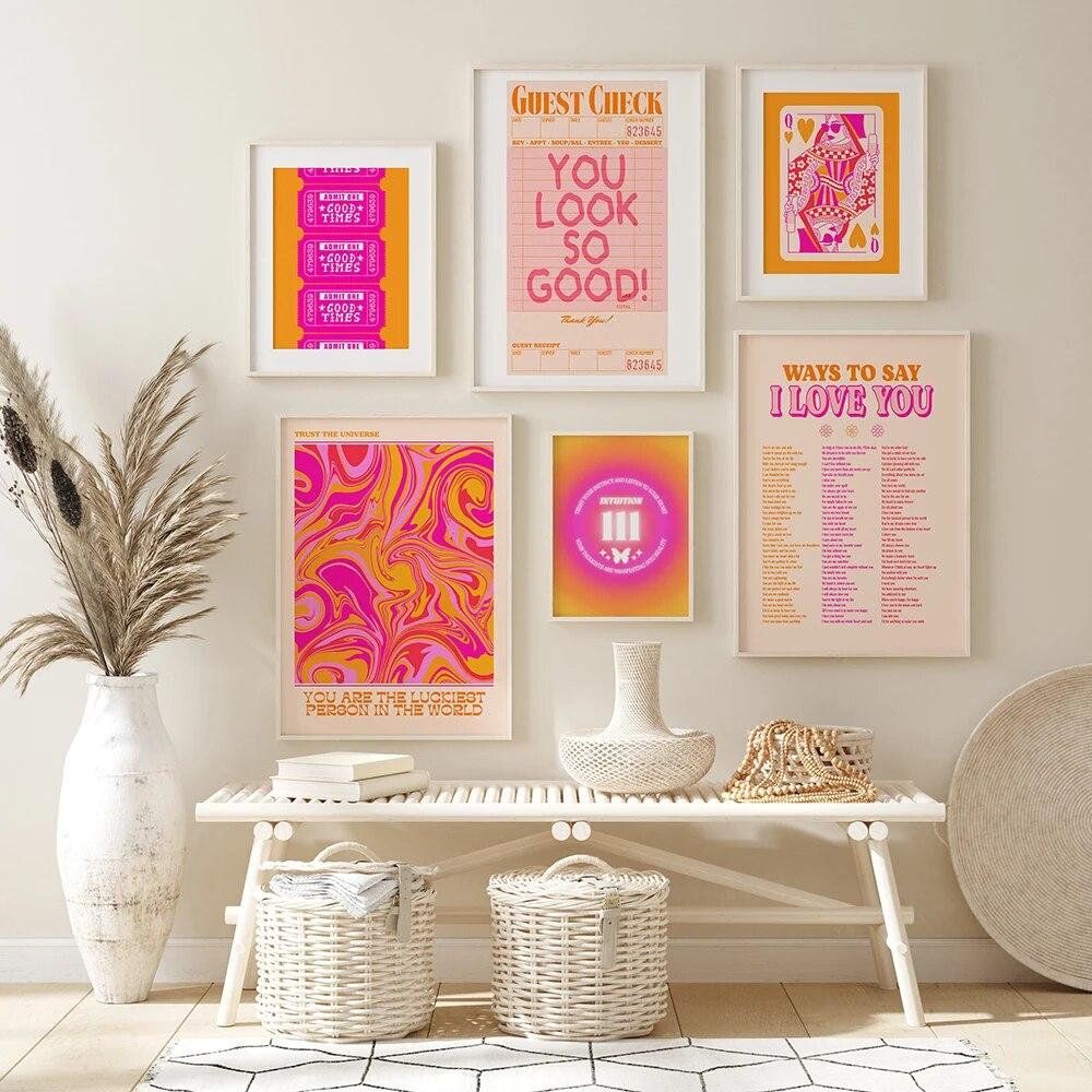 Trendy Retro Aesthetic Posters And Prints Orange Pink Preppy Y2k Quote Wall Art Canvas Painting Wall Picture For Dorm Room Decor No Frame