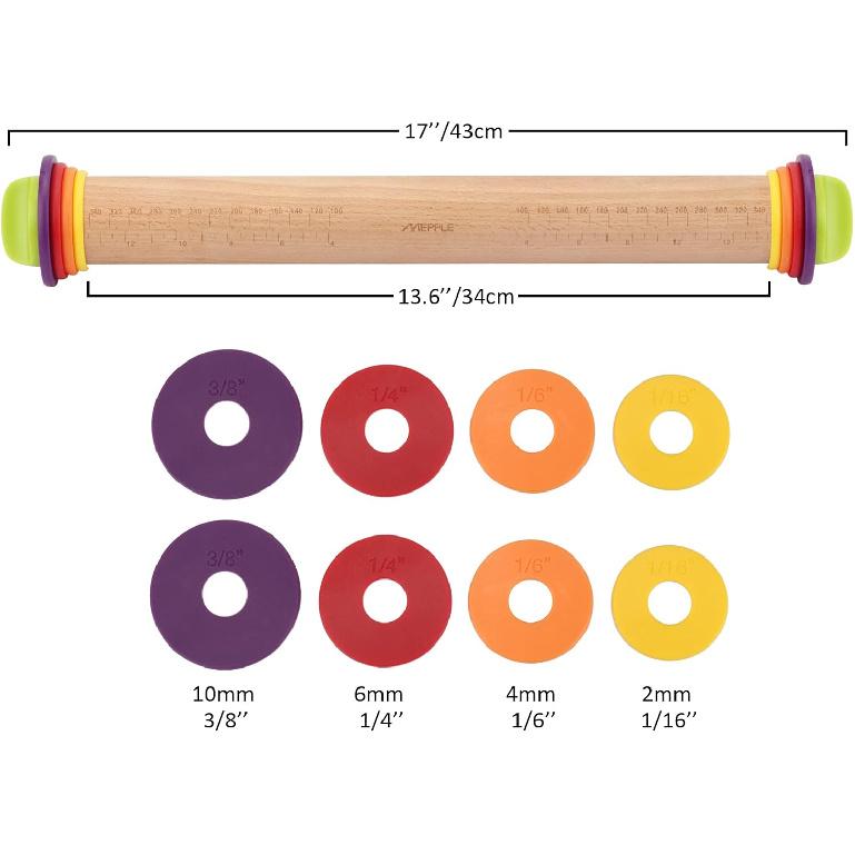 Rolling Pin with Thickness Rings for Baking,Fondant, Pizza, Pie Crust, Cookie, Pastry, Roller Rod for Dough Thickness, 13.6" Adjustable Wooden