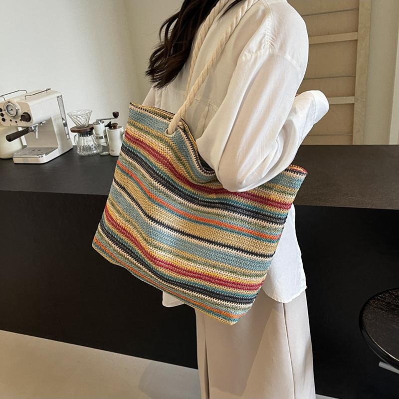 Straw Fabric Woven Design Women Tote Bags Rainbow Color Large Capacity Summer Beach Shoulder Shopper Bag Casual Commute Handbags