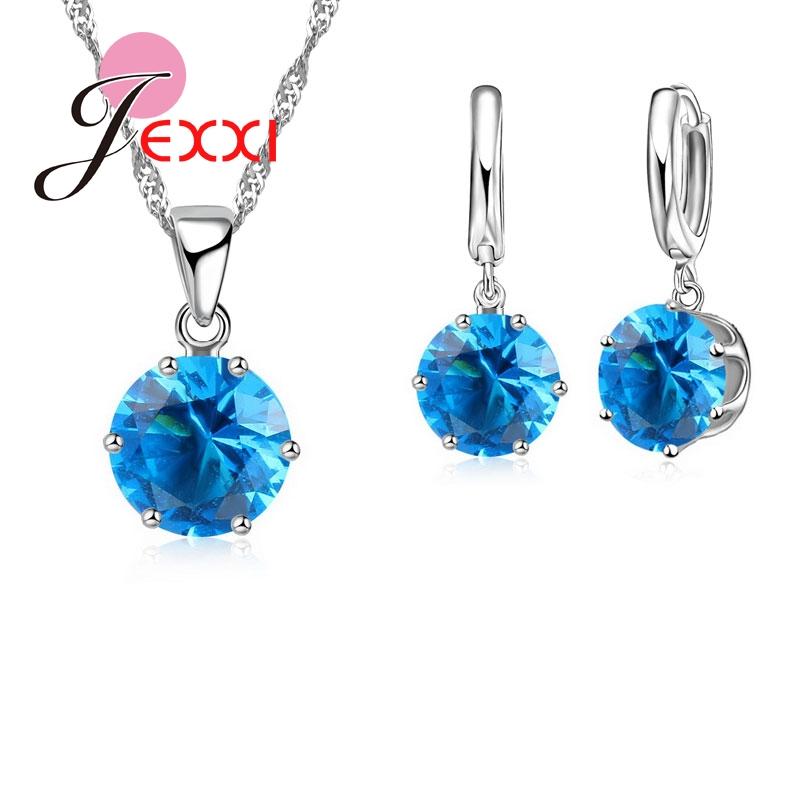 New Fashion 925 Silver Color Shiny Crystals Rhinestones Stones Woman Earring Necklace Jewelry Set 16 Colors