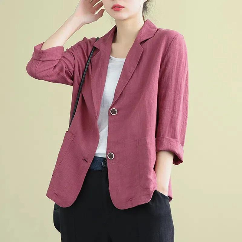 Fashion Casual Cotton and Linen Women Jacket Small Suits 2025 Spring Summer New Loose Long Sleeve Office Blouse Sunscreen Shirt Woman Pockets Clothing