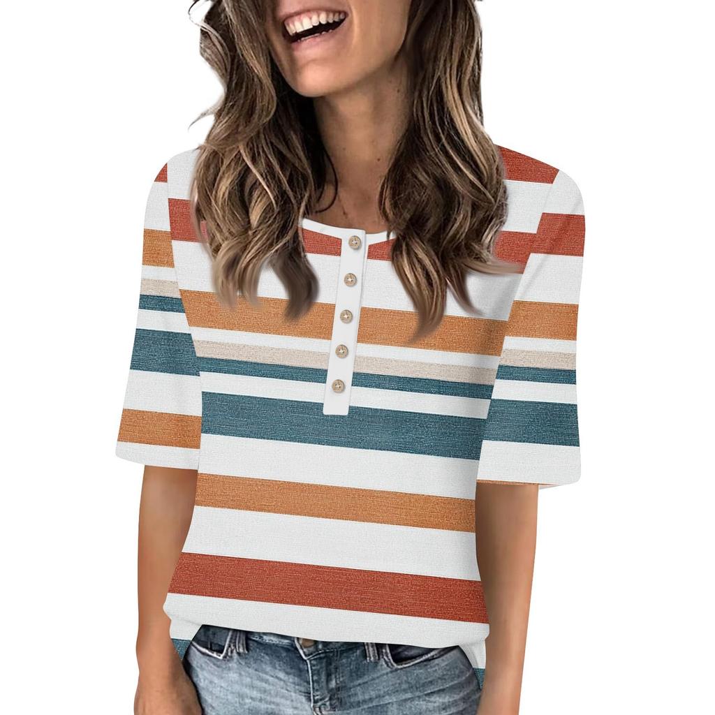 Shirts For Women Trendy Round Neck Button T Shirts Printed  Blouse Half Sleeve Tops For Women