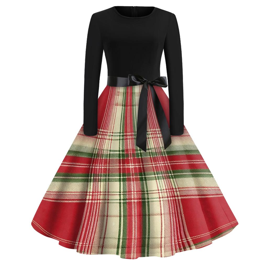 Women's Casual Vintage V-Neck Dress with Christmas Snowflake and Tree Print