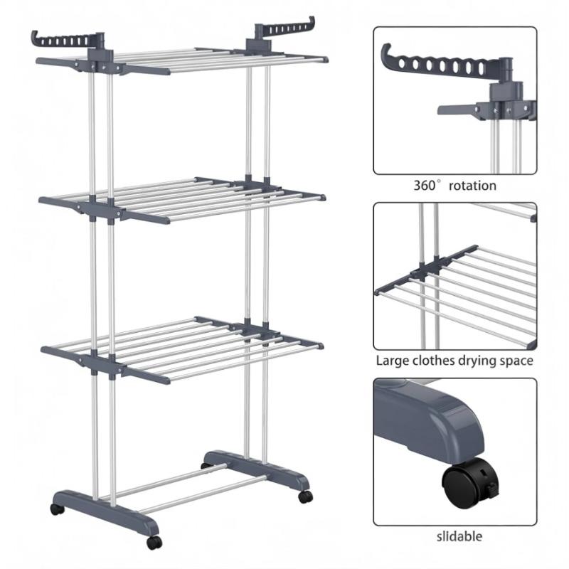 Stainless Steel Folding Clothes Drying Rack, Heavy Duty Laundry Drying Stand with 6 Retractable Trays & Wheels, Space Saving