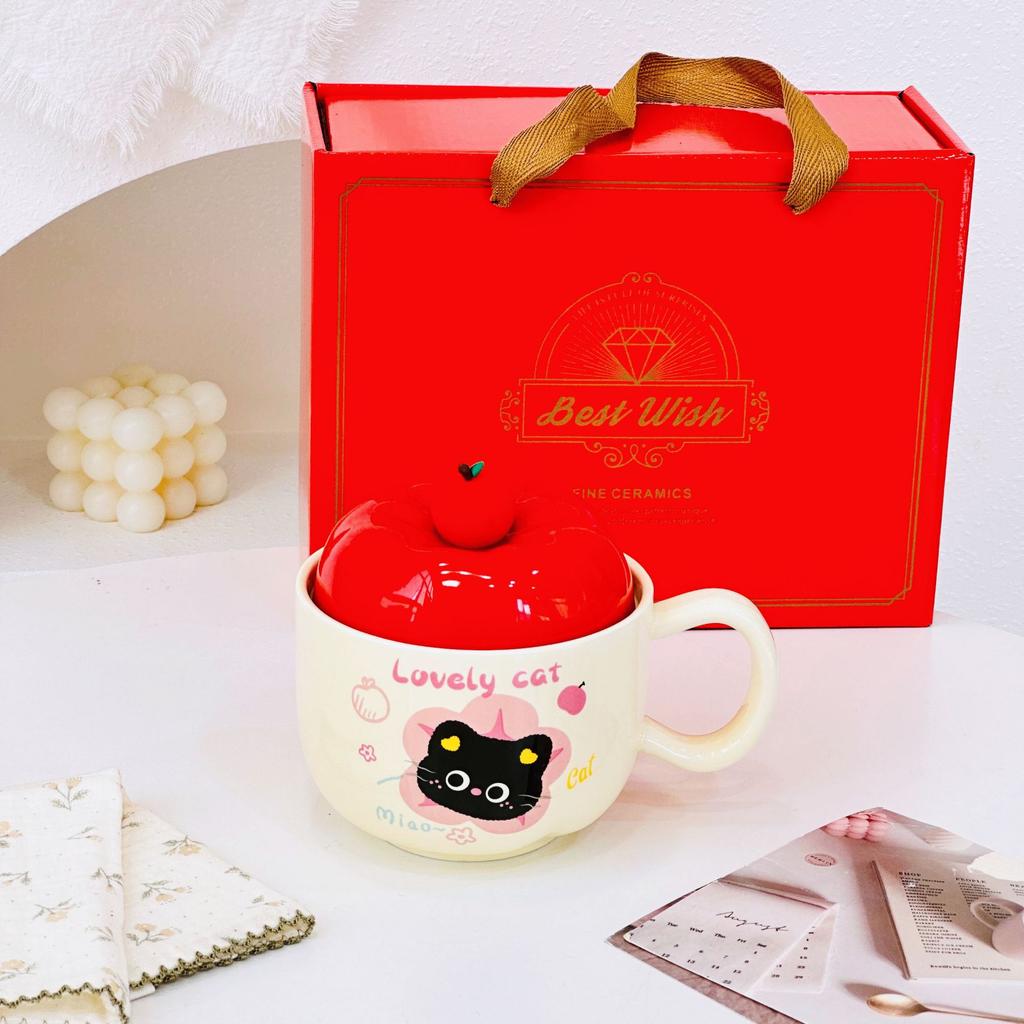 Apple Cat Red Souvenir Set Cartoon Cute Festive Ceramic Cup with Lid Spoon Mug Personalized Hand Cup