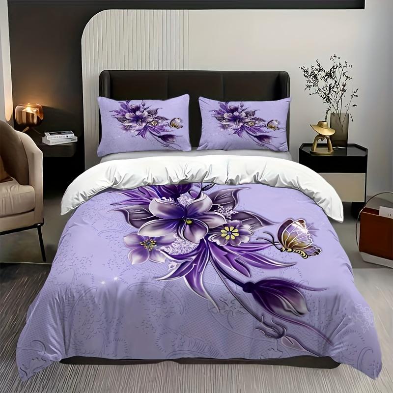 Butterfly Pattern Duvet Cover Queen King Size Purple Floral Textured Bedding Set Bedroom Decor 3 Piece Set With 2 Pillowcases