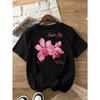 Womens Flower Shop Tee Pink Orchid Print Front Back Design Round Neck Short Sleeve Classic Comfortable Fit Casual Top