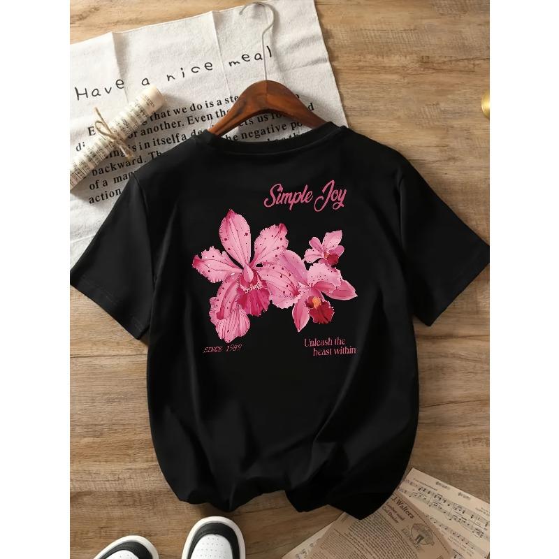 Womens Flower Shop Tee Pink Orchid Print Front Back Design Round Neck Short Sleeve Classic Comfortable Fit Casual Top
